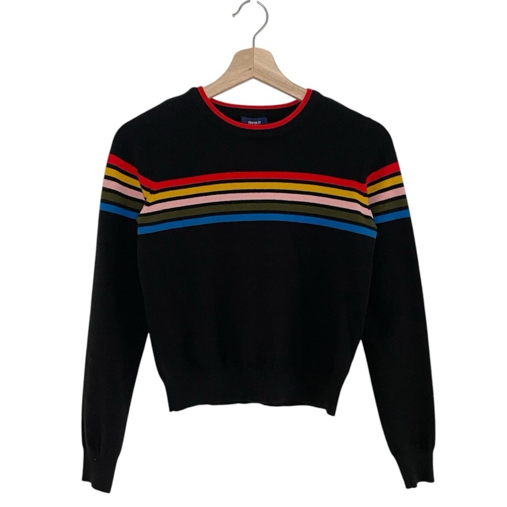 Forever 21 Multicolor Stripe Cropped Crewneck Sweater Black XS - Picture 3 of 8